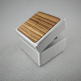DPCustoms "Smooth Operator" Engagement Ring Box in Brushed Solid Aluminum and Brass, Featuring Leopardwood, Bloodwood, Zebrawood Inlays