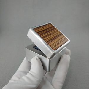 DPCustoms "Smooth Operator" Engagement Ring Box in Brushed Solid Aluminum and Brass, Featuring Leopardwood, Bloodwood, Zebrawood Inlays
