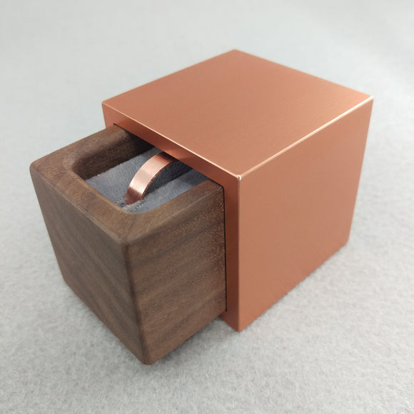 Modern Cube Engagement Proposal Ring Box- Copper Anodized Aluminum and Black Walnut