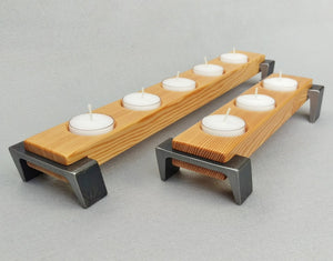 Light Brown wooden tea light holder set, with black angled legs on each end