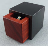 Cube metal and wood engagement ring box, Black metal outer shell with red wood insert