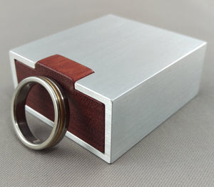 small silver aluminum engagement ring box, with red bloodwood insert