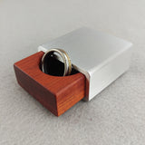 silver metal engagement ring box with bloodwood insert