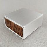 silver metal engagement ring box with zebrawood insert