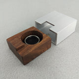 Silver metal rectangular engagement ring box with brown walnut insert that slides inside