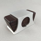 Silver metal engagement ring box with dark brown sliding wood insert